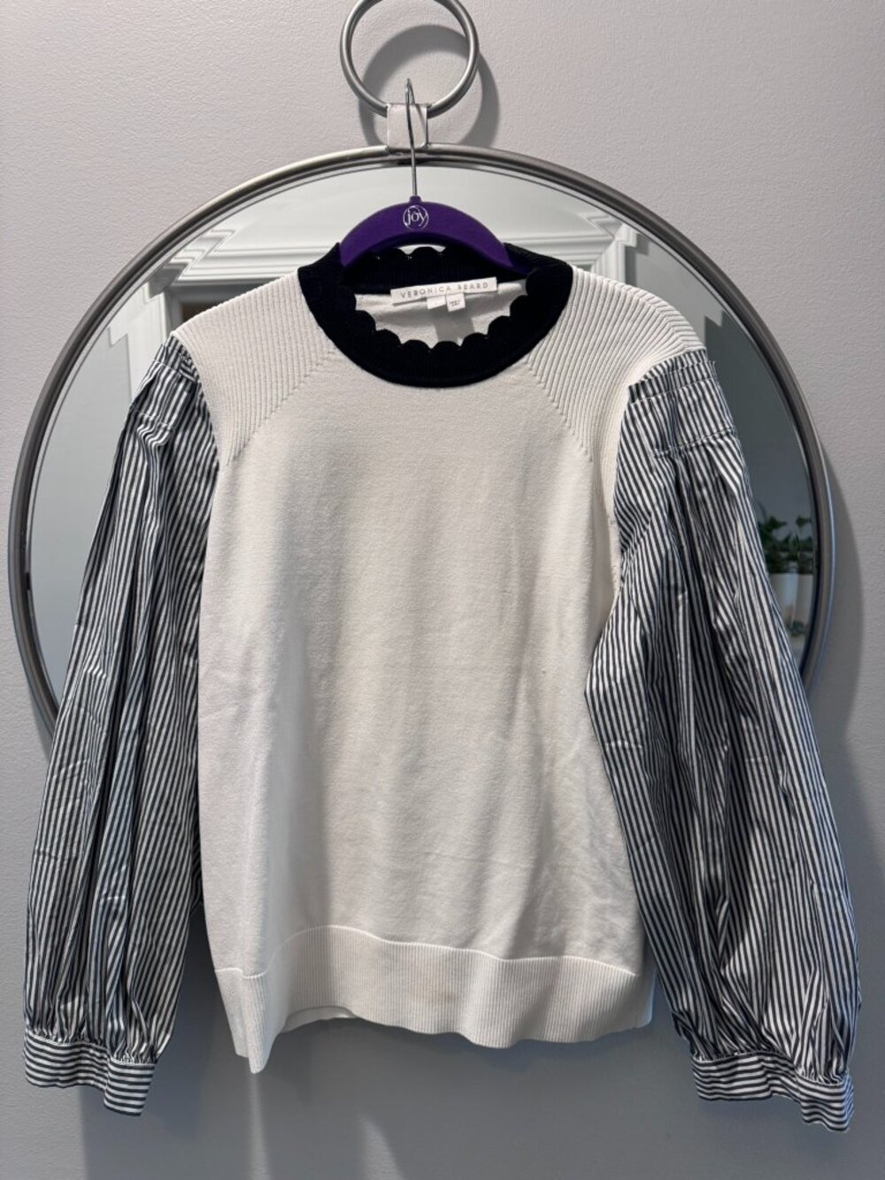 Veronica Beard Mixed Media Pullover Striped Puff Sleeve White Black Sz L